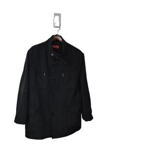 Mantoni Coat Mens Large Black Military Button Front Lined Pockets Beltless 71211